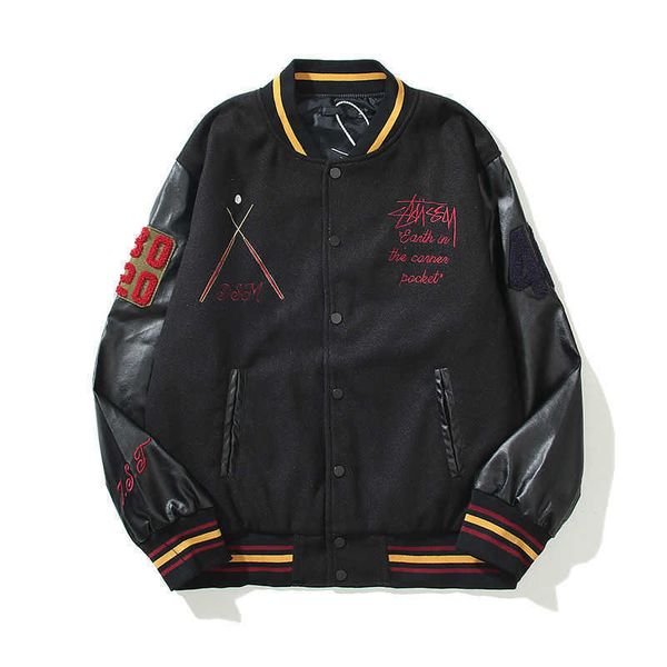 2022ssforeign trade tide brand 40th anniversary exclusive baseball suit black 8-clip cotton jacket high street hip hop embroidered wool coat, Black;brown